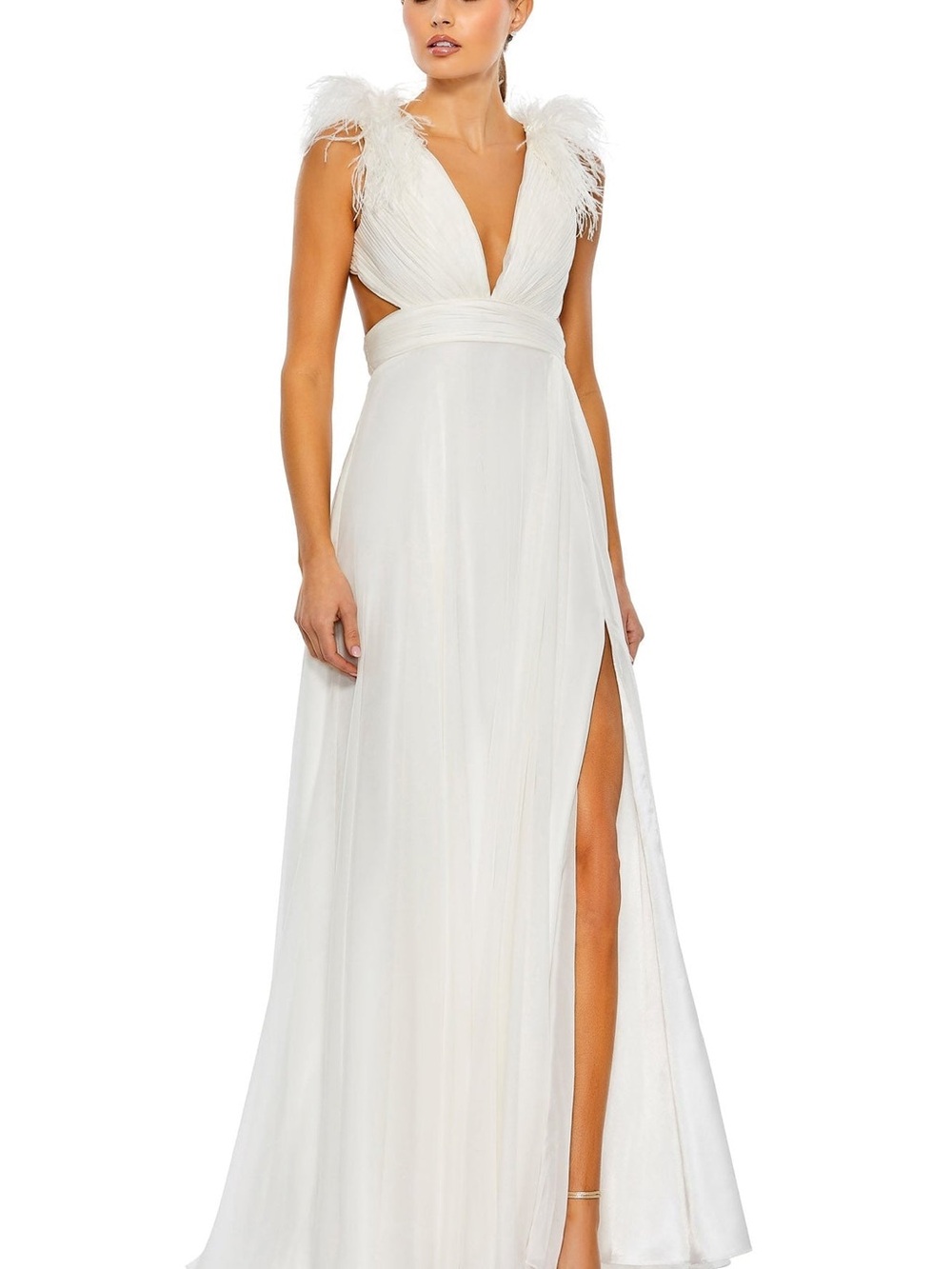 MAC DUGGAL
Plunge Ostrich Feather A Line Gown in White style 68113